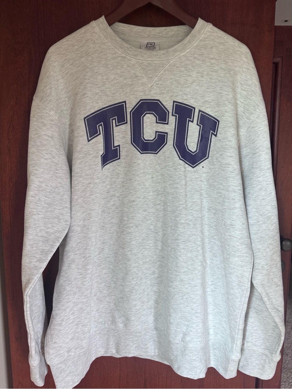 Pro Edge Light Gray Crewneck with Purple TCU Lettering. Oversized & Cozy!